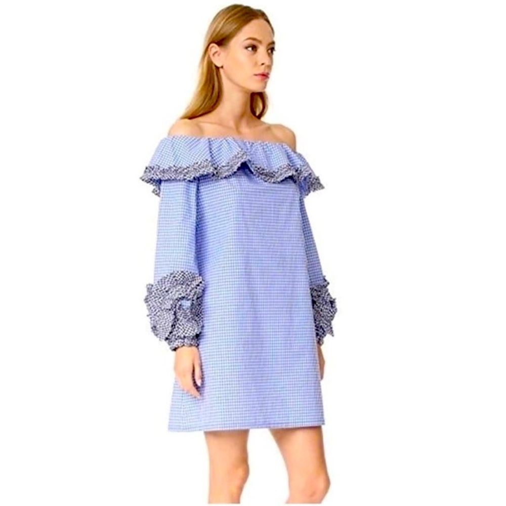Alexis Light Blue & Navy Gingham Printed Off-the-Shoulder Dress Sz S cotton